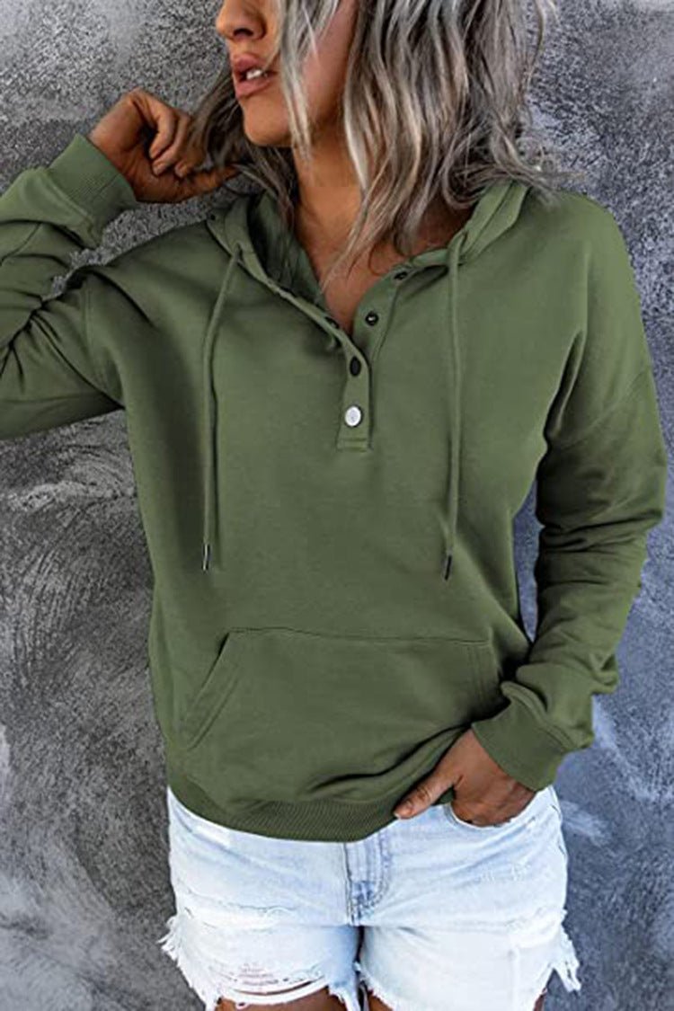 Long - sleeved Hooded Sweatshirt With Pocket, Buttons, and Drawstring Design Hoodie - silverfoxgoods